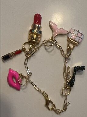 Gold Charm Bracelet with Pink Lipstick, Mermaid Tail & Black Shoe Charms